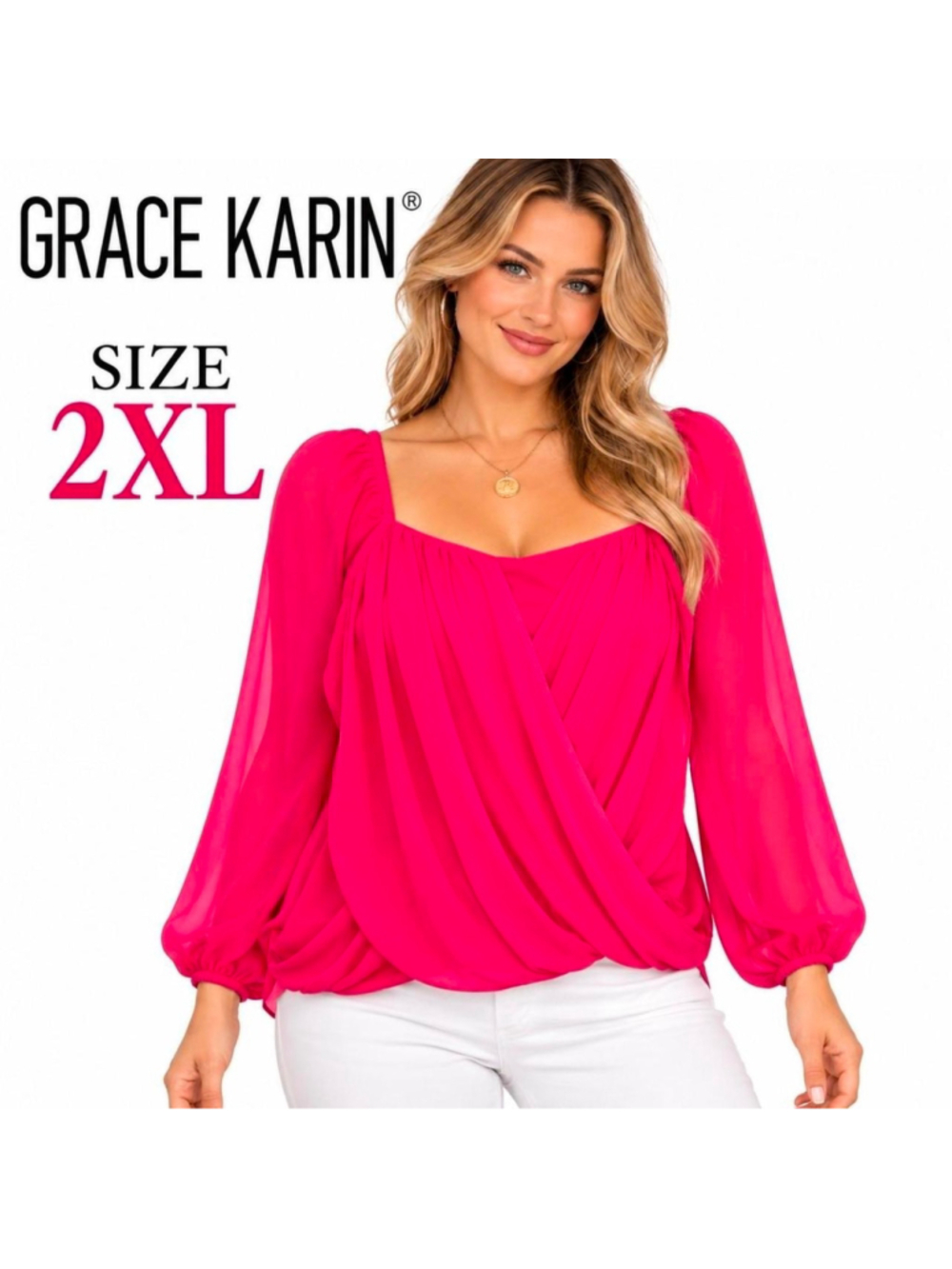 GRACE KARIN Hot Pink Wrap Style Blouse Size 2XL NWT